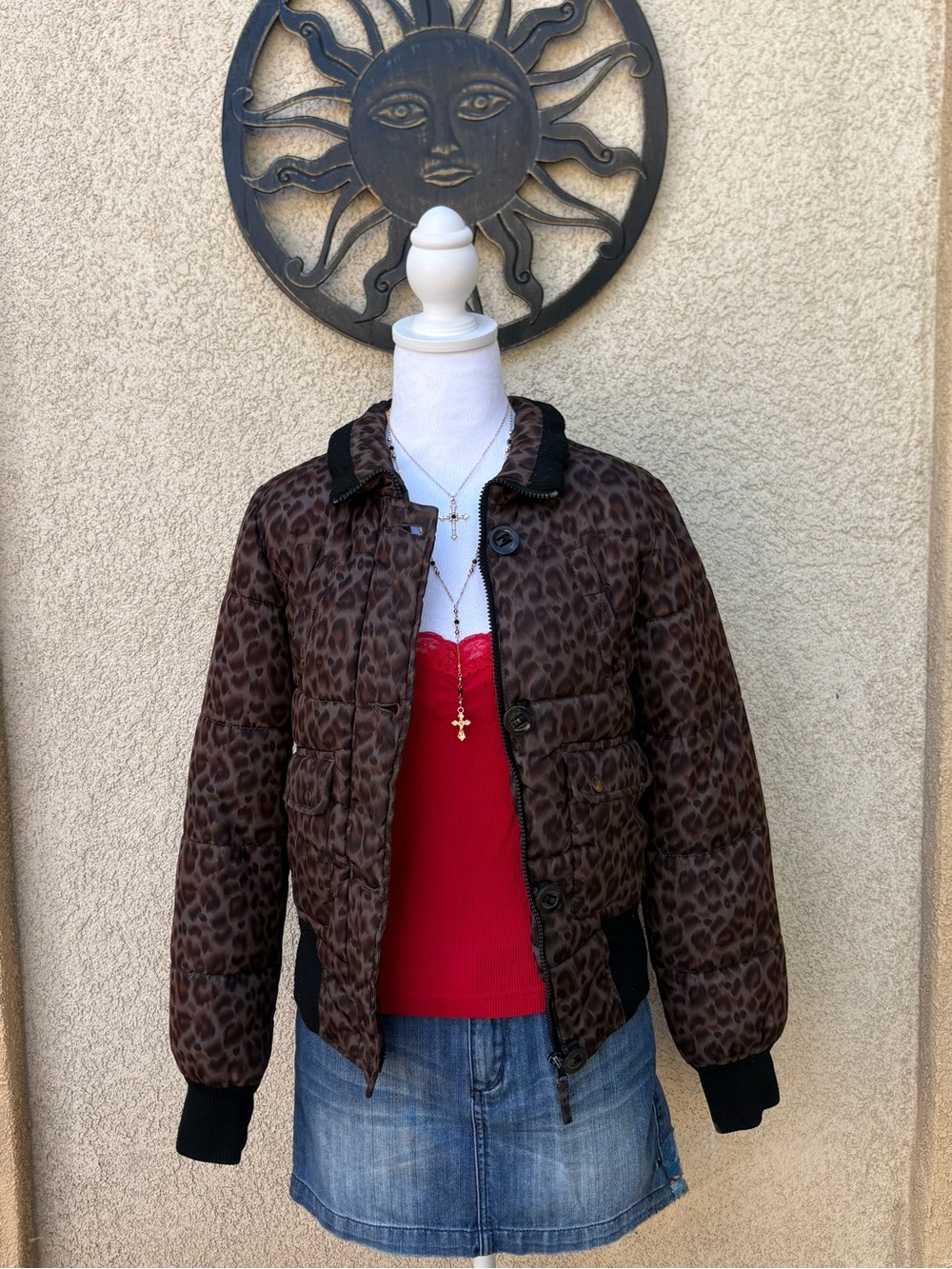 Maralyn & Me Y2K Brown Black Leopard Print Puffer Jacket Animal Print Fall